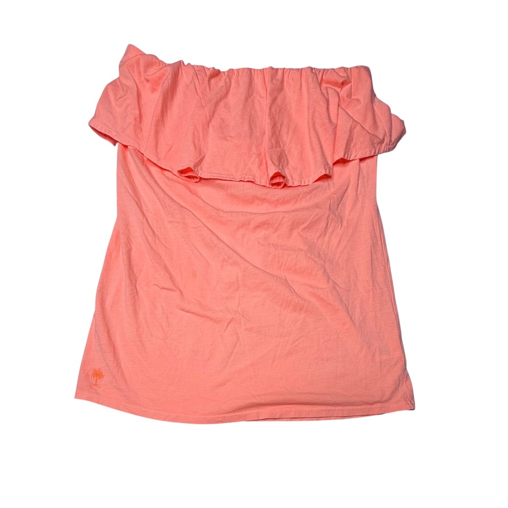 Lilly Pulitzer Coral Pima Cotton Ruffle Strapless Tube Top Palm Tree Logo Med T9